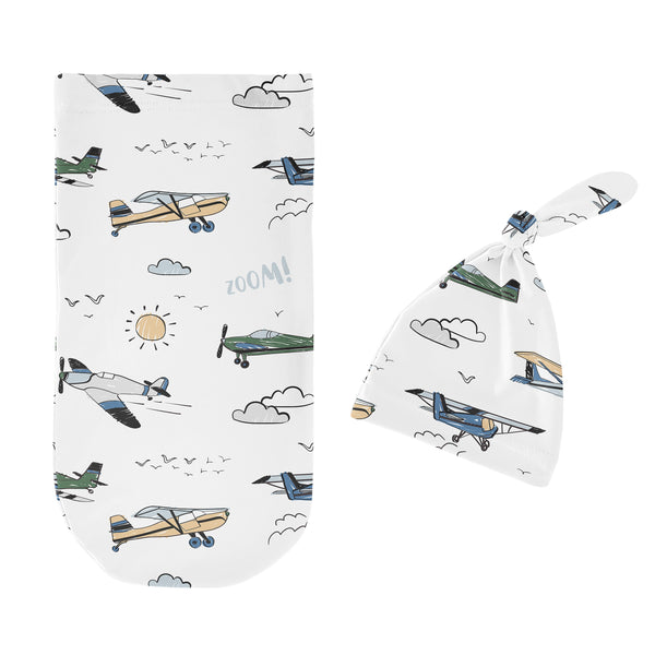 Airplane Green and Blue Collection Baby Cocoon and Beanie Hat - 2 Piece Set alternate view