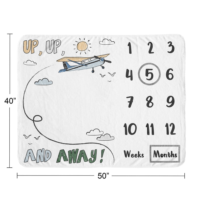 Airplane Green and Blue Collection Monthly Milestone Baby Blanket