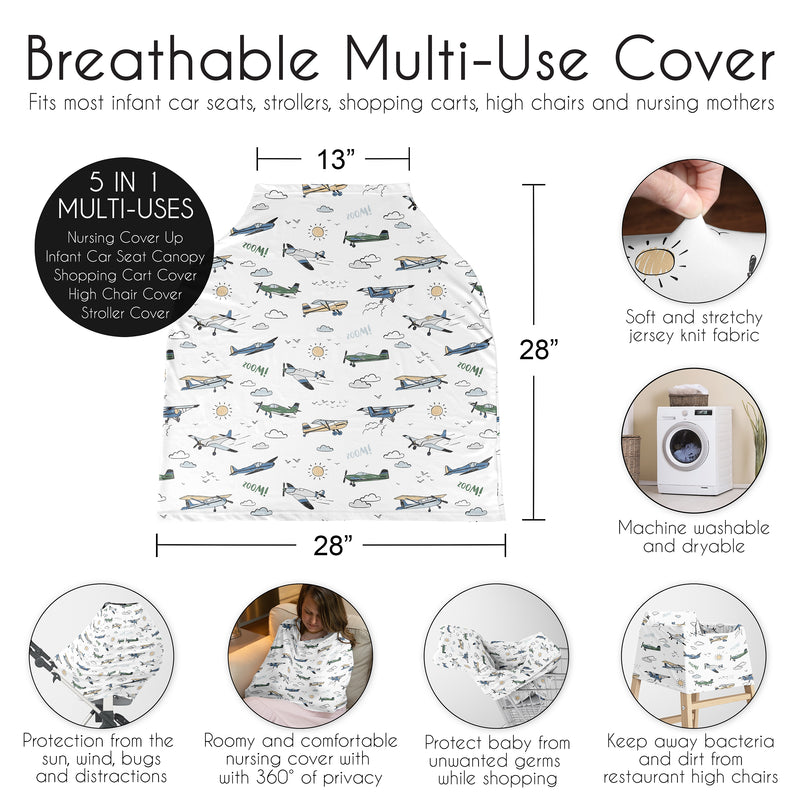 Airplane Green and Blue Collection Multi Use Baby Car Seat and Nursing Cover