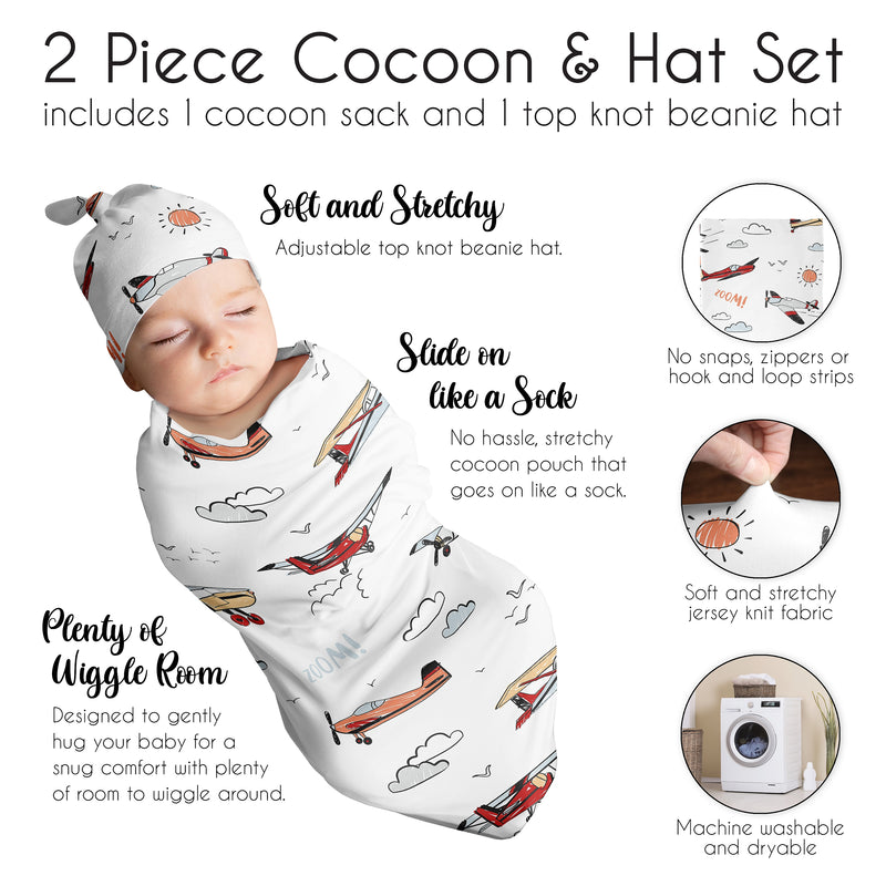 Airplane Red and Blue Collection Baby Cocoon and Beanie Hat - 2 Piece Set