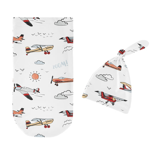 Airplane Red and Blue Collection Baby Cocoon and Beanie Hat - 2 Piece Set