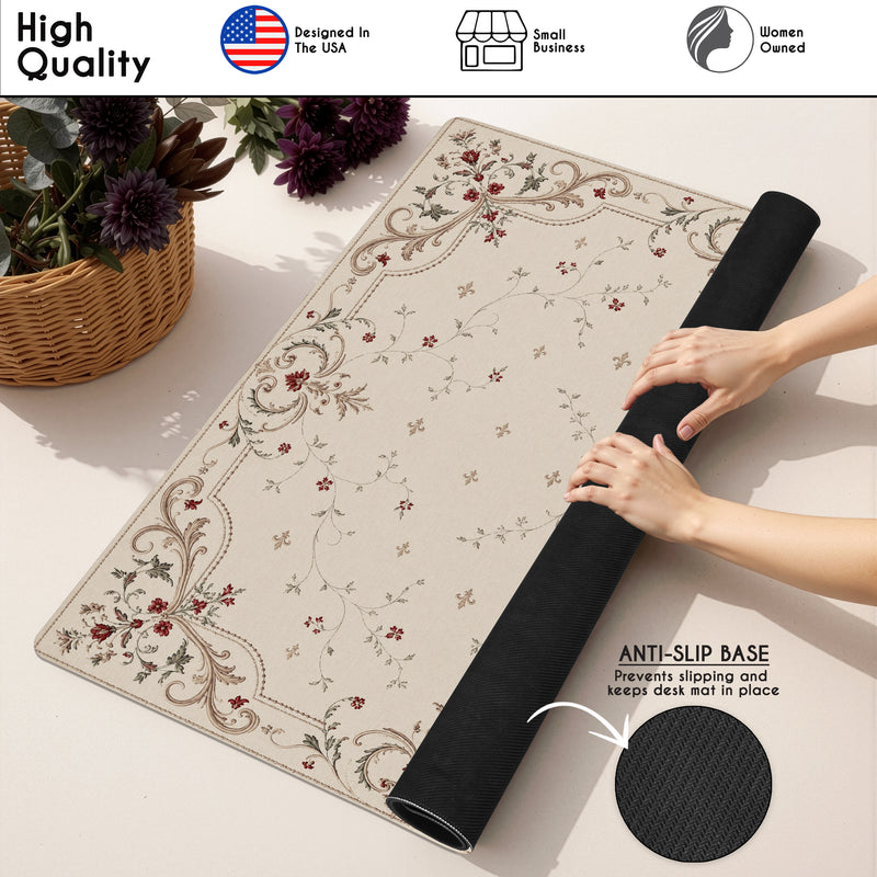 Red Vintage Antique Collection - Floral Print Mahjong Mat for Table - Shipped Rolled