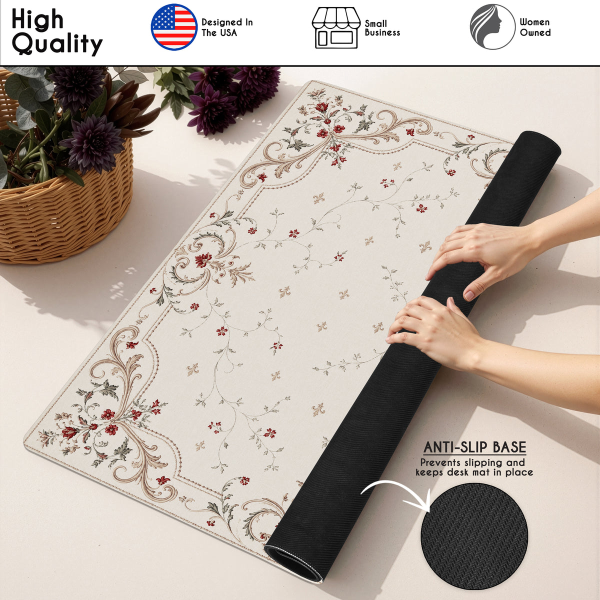 Red Vintage Antique Collection - Floral Print Mahjong Mat for Table - Shipped Rolled