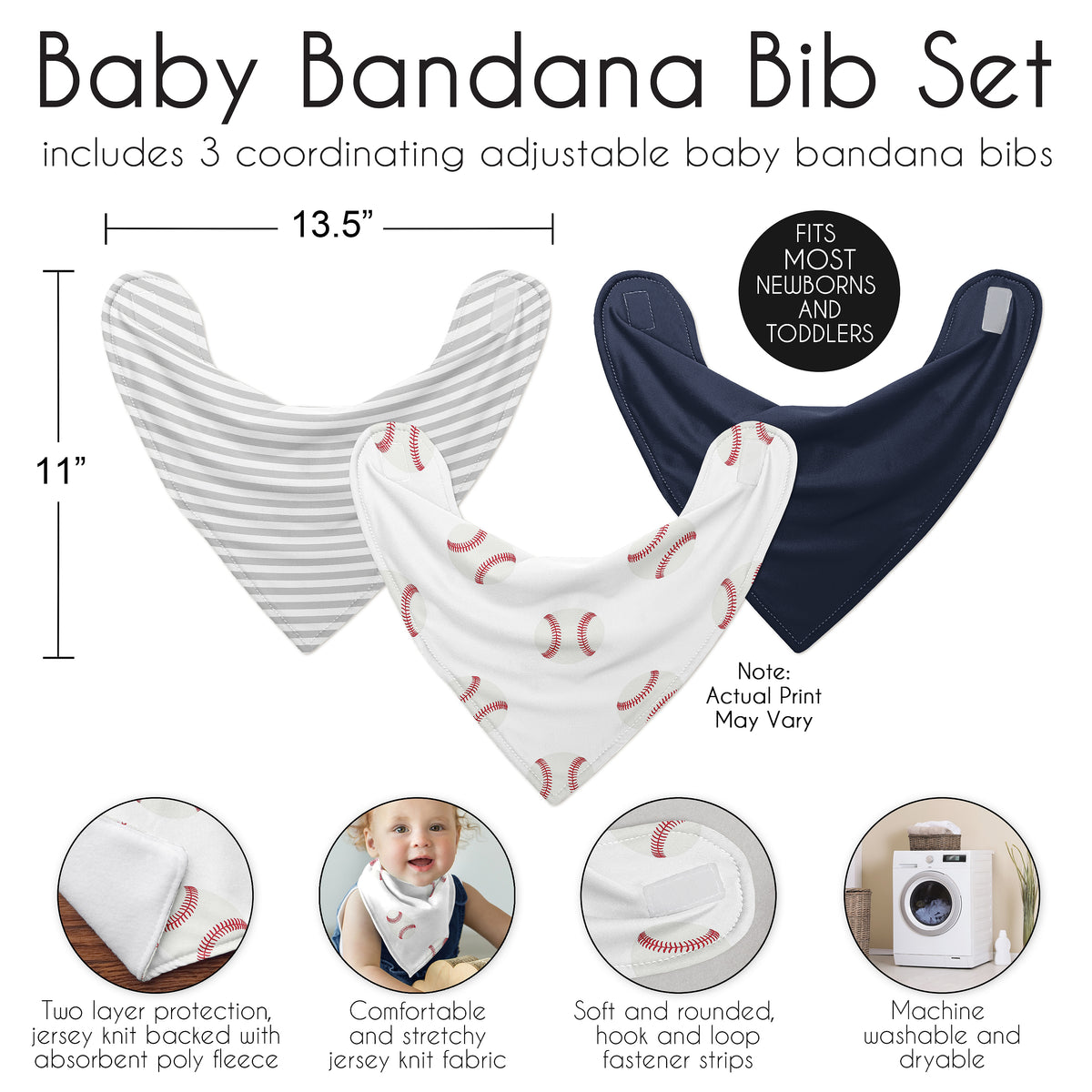Baseball Patch Collection Fabric Bandana Baby Bibs - 3 Pack Set