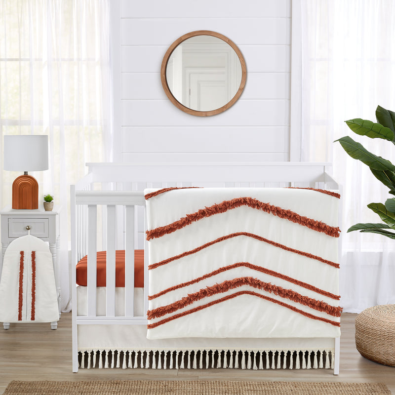 Boho Fringe Rust Orange and Ivory Collection 4 Piece Crib Bedding