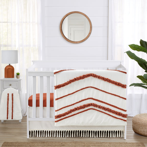 Boho Fringe Rust Orange and Ivory Collection 4 Piece Crib Bedding