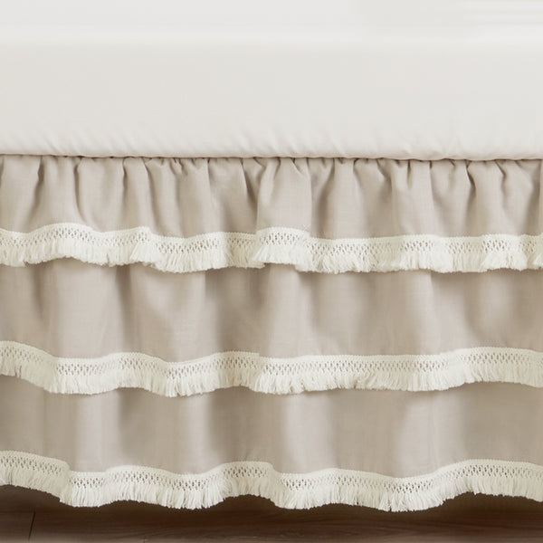 Boho Fringe Linen Collection 3 Tiered Crib Bed Skirt