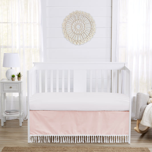 Boho Fringe Pink and White Collection Crib Bed Skirt