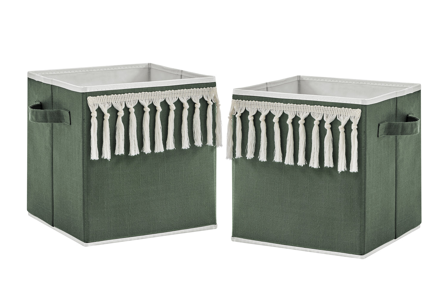 Boho Fringe Dark Green and Ivory Collection Foldable Fabric Storage Bins