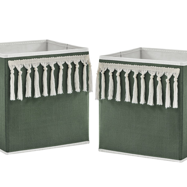 Boho Fringe Dark Green and Ivory Collection Foldable Fabric Storage Bins