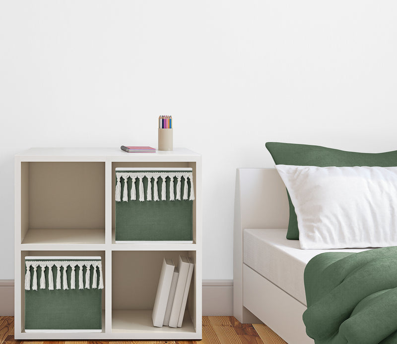 Boho Fringe Dark Green and Ivory Collection Foldable Fabric Storage Bins