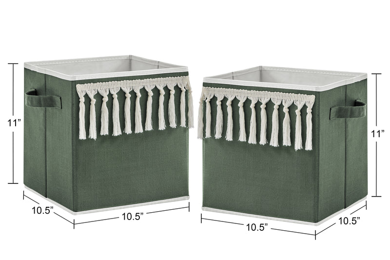 Boho Fringe Dark Green and Ivory Collection Foldable Fabric Storage Bins