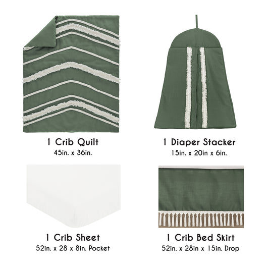 Boho Fringe Dark Green and Ivory Collection 4 Piece Crib Bedding