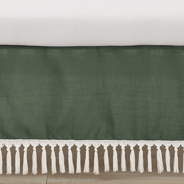 Boho Fringe Dark Green and Ivory Collection Crib Bed Skirt