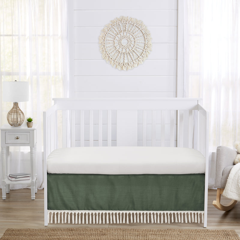 Boho Fringe Dark Green and Ivory Collection Crib Bed Skirt