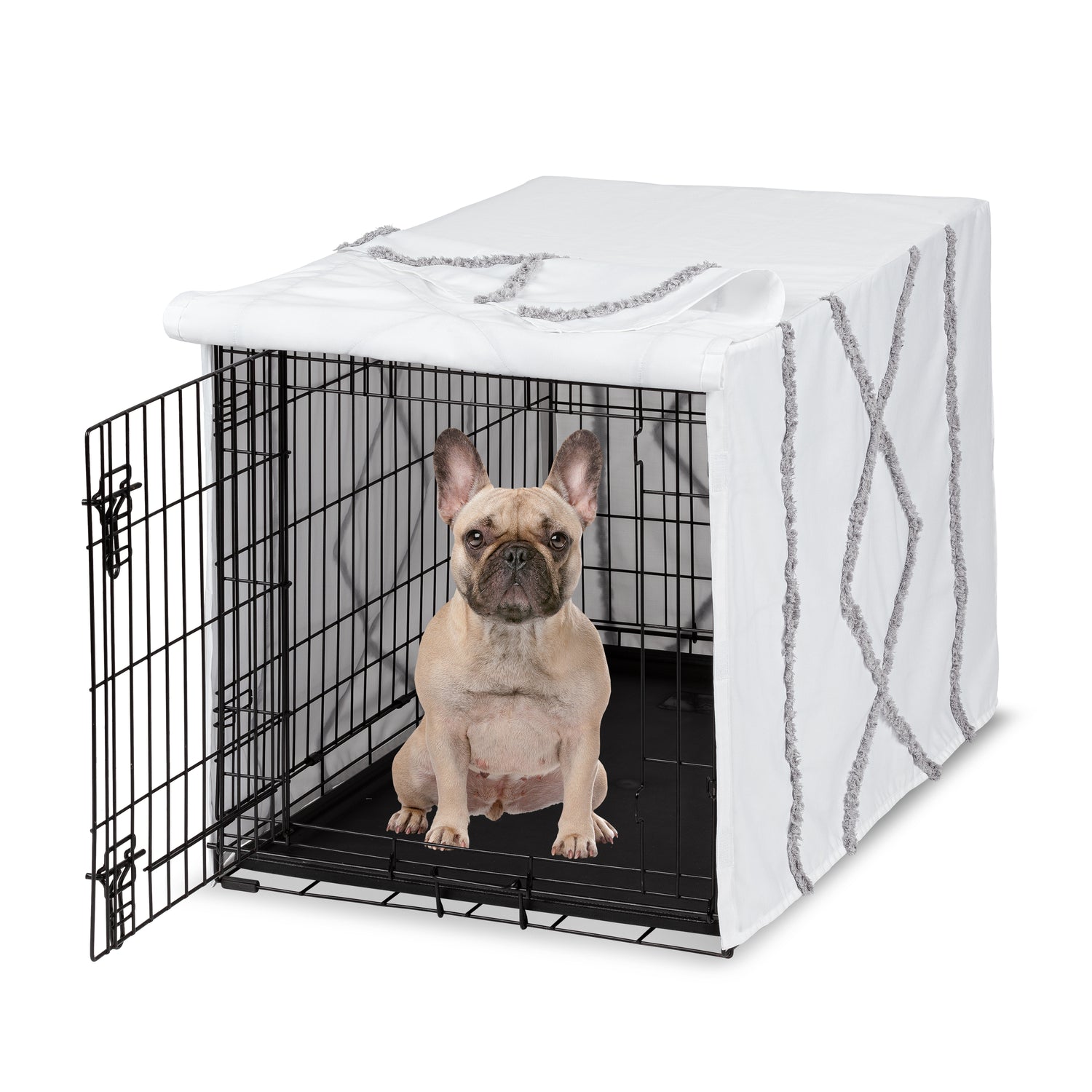 Boho Fringe White and Grey Collection Dog Crate Kennel Cover 30in.
