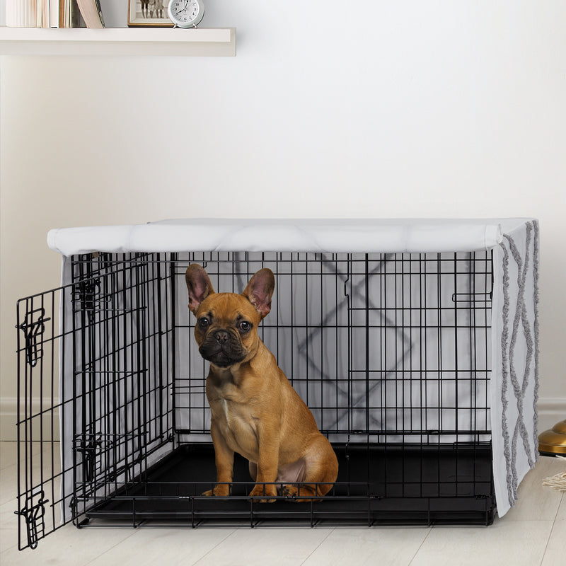 Boho Fringe White and Grey Collection Dog Crate Kennel Cover 30in.