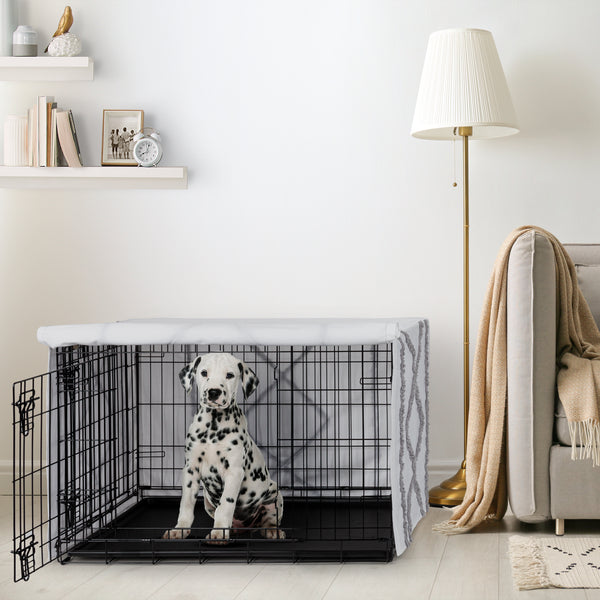 Boho Fringe White and Grey Collection Dog Crate Kennel Cover 36in. alternate view