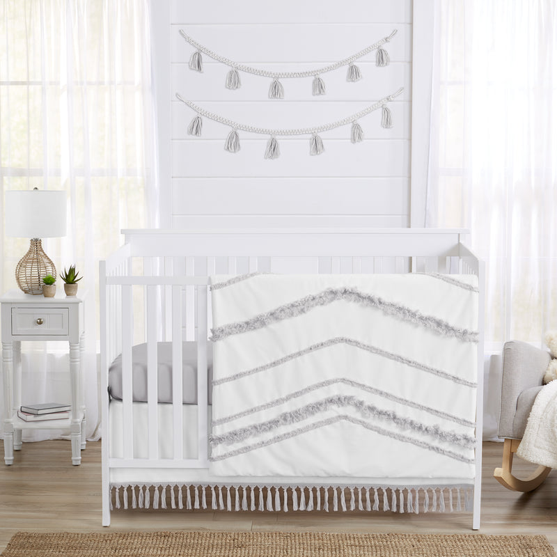 Boho Fringe White and Grey Collection 4 Piece Crib Bedding
