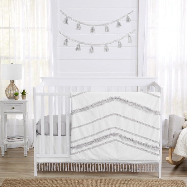 Boho Fringe White and Grey Collection 4 Piece Crib Bedding