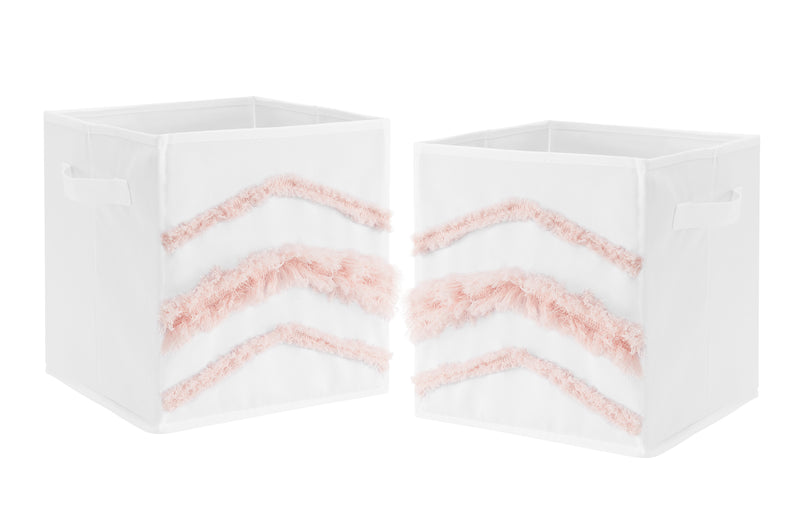 Boho Fringe White and Pink Collection Tufted Foldable Fabric Storage Bins