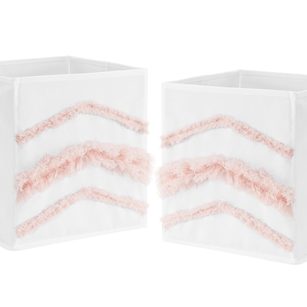 Boho Fringe White and Pink Collection Tufted Foldable Fabric Storage Bins
