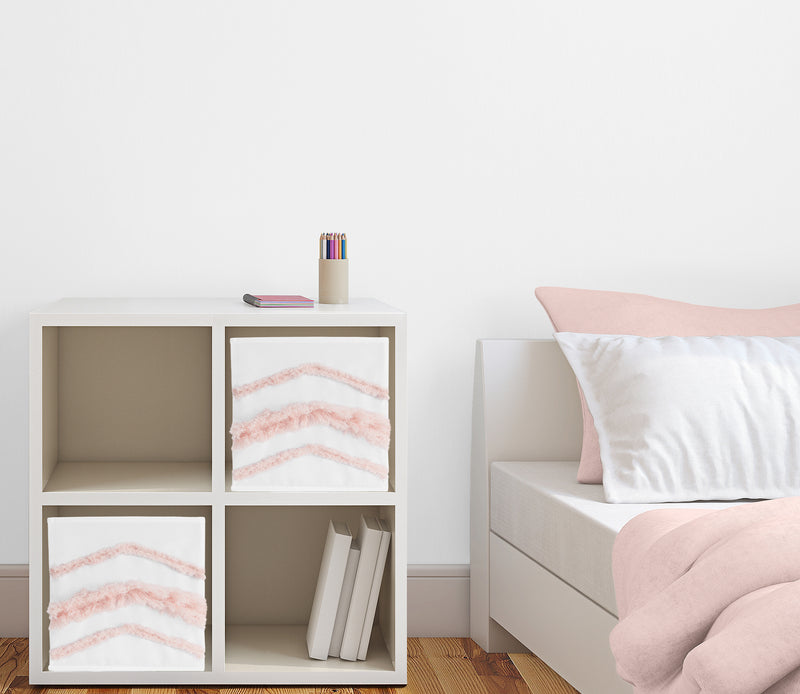 Boho Fringe White and Pink Collection Tufted Foldable Fabric Storage Bins