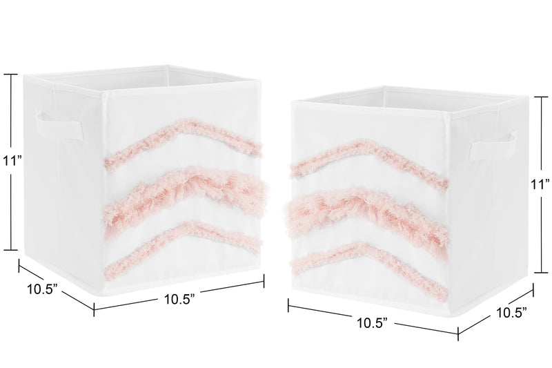 Boho Fringe White and Pink Collection Tufted Foldable Fabric Storage Bins