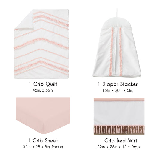 Boho Fringe White and Pink Collection 4 Piece Crib Bedding