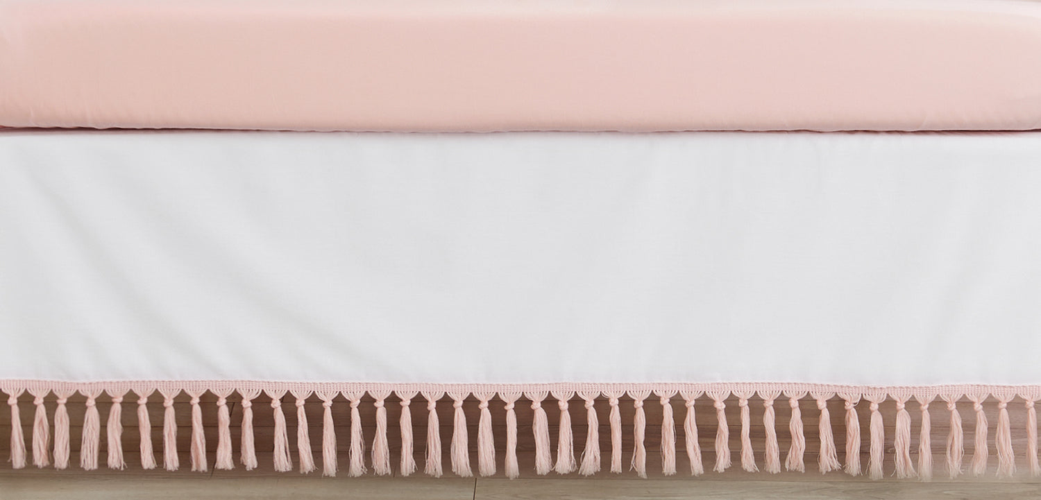 Boho Fringe White and Pink Collection Crib Bed Skirt