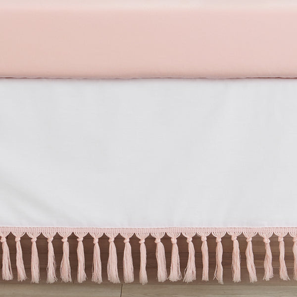 Boho Fringe White and Pink Collection Crib Bed Skirt