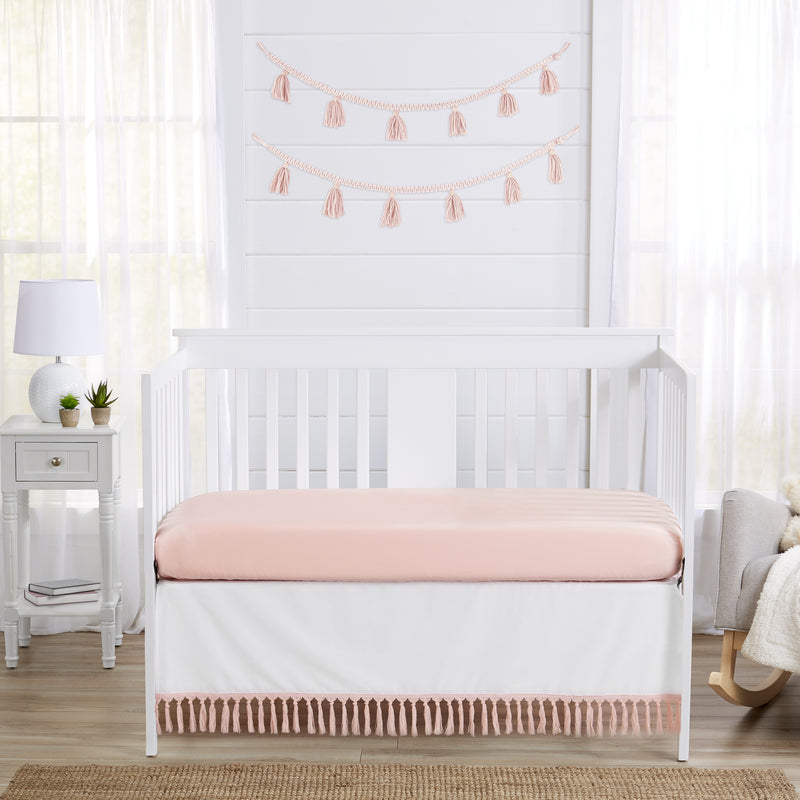 Boho Fringe White and Pink Collection Crib Bed Skirt