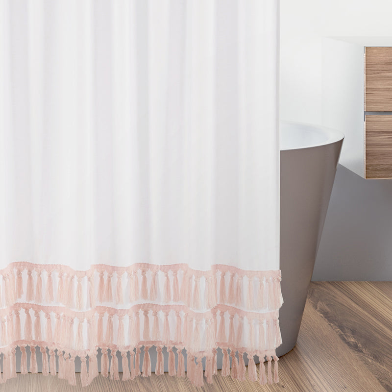 Boho Fringe White and Pink Collection Shower Curtain