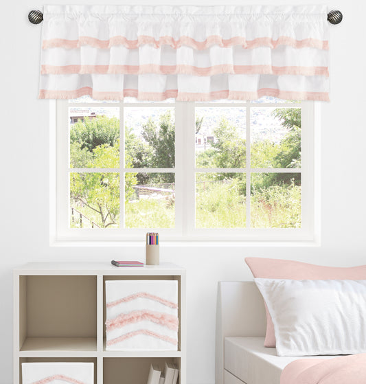 Boho Fringe White and Pink Collection Tiered Window Valance