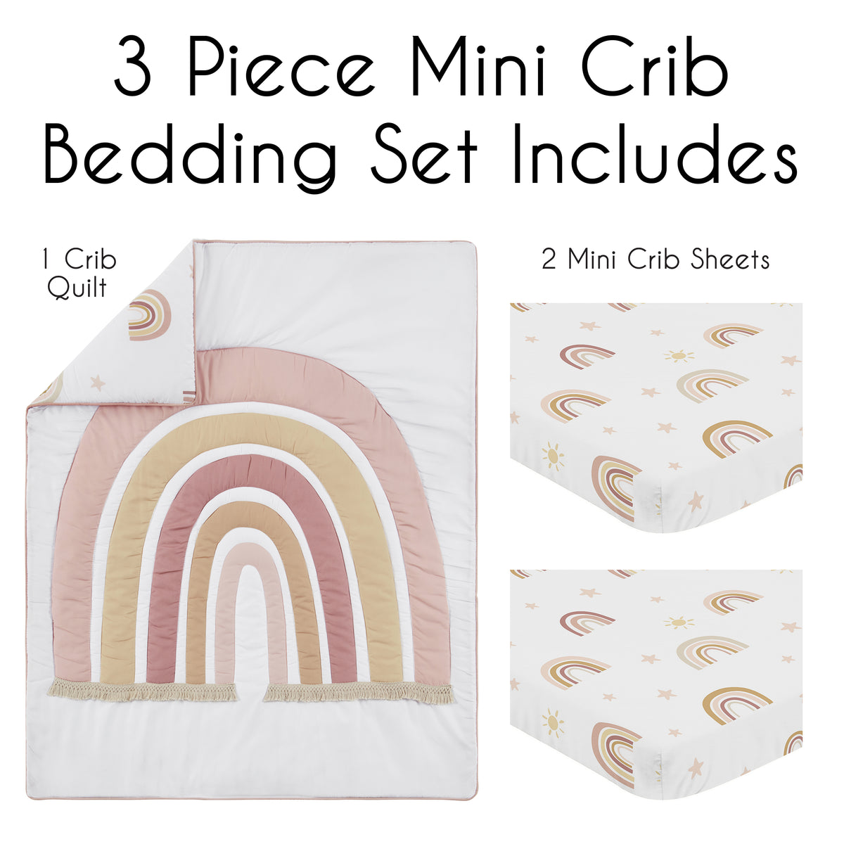 Boho Rainbow Collection 3 Piece Mini Crib Bedding Set