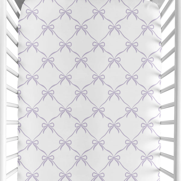 Ballerina and Ballet Bows Purple Collection Crib Sheet - White and Lavender Bow Print