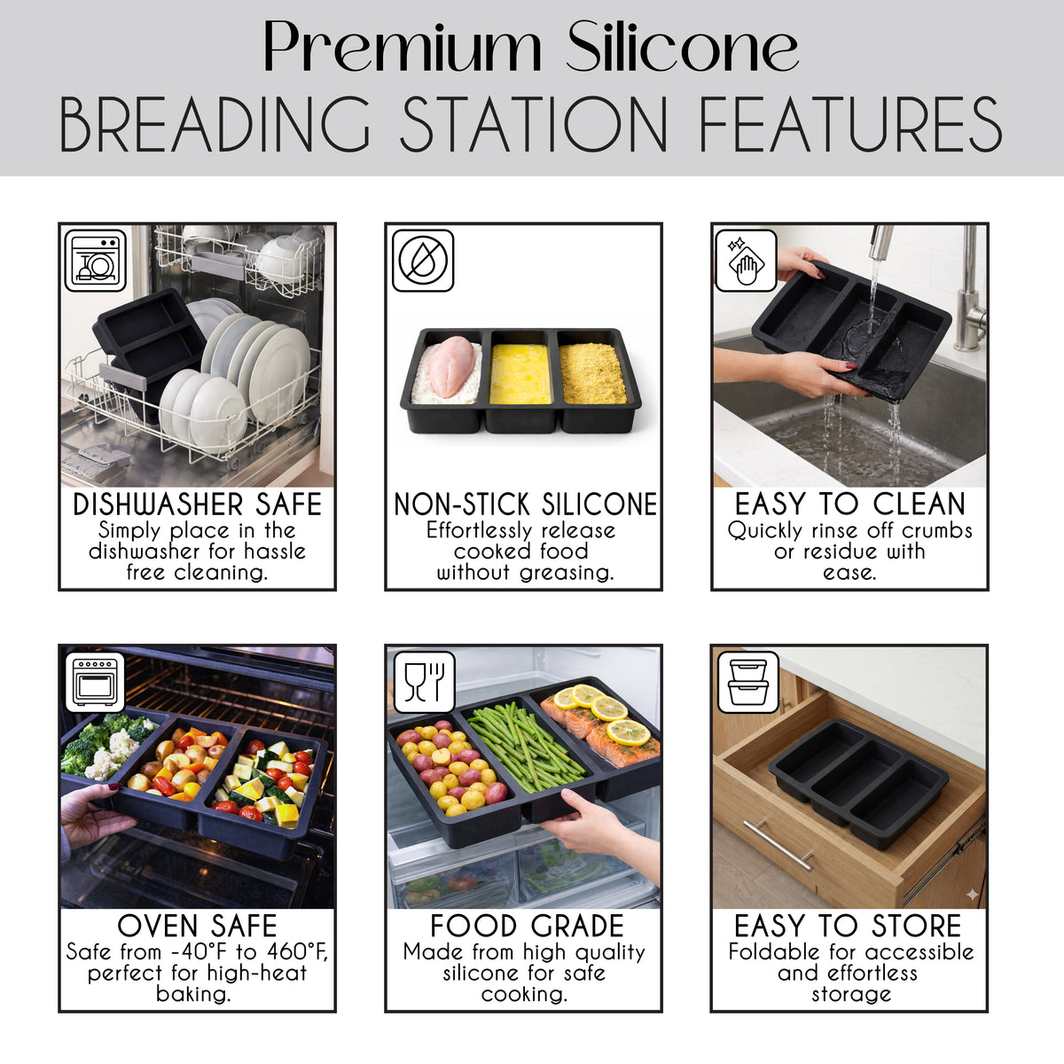 Silicone 3 Sectioned Chicken Breading Station Dredging Tray