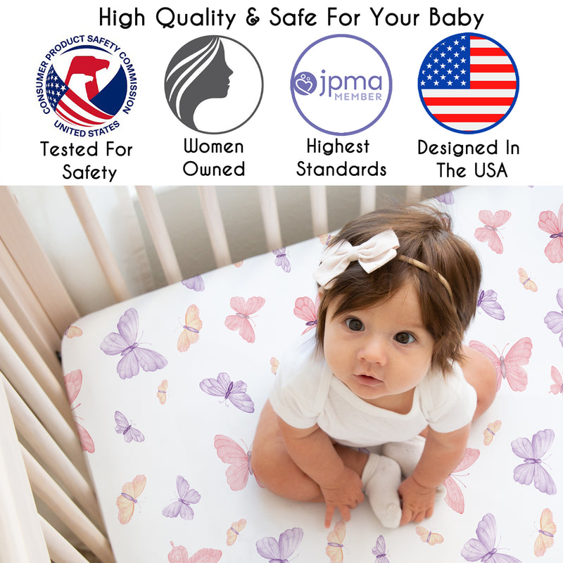 Butterfly Blush Pink and Purple Collection Mini Crib Sheet