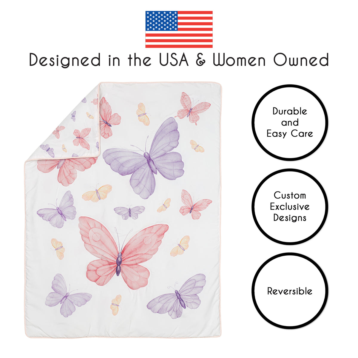 Butterfly Blush Pink and Purple Collection 3 Piece Crib Bedding