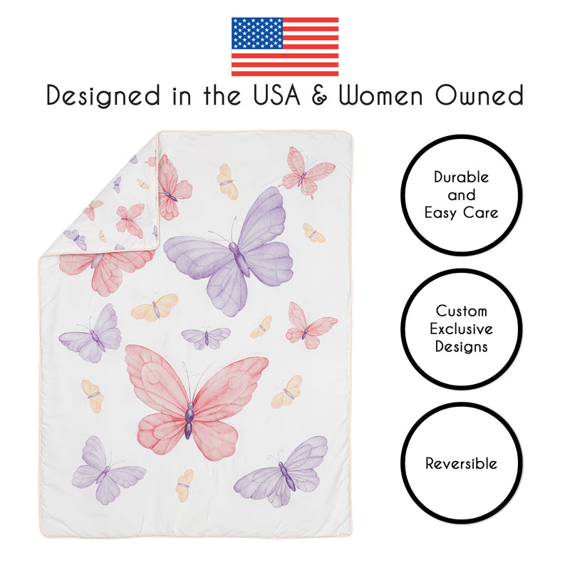 Butterfly Blush Pink and Purple Collection 3 Piece Crib Bedding