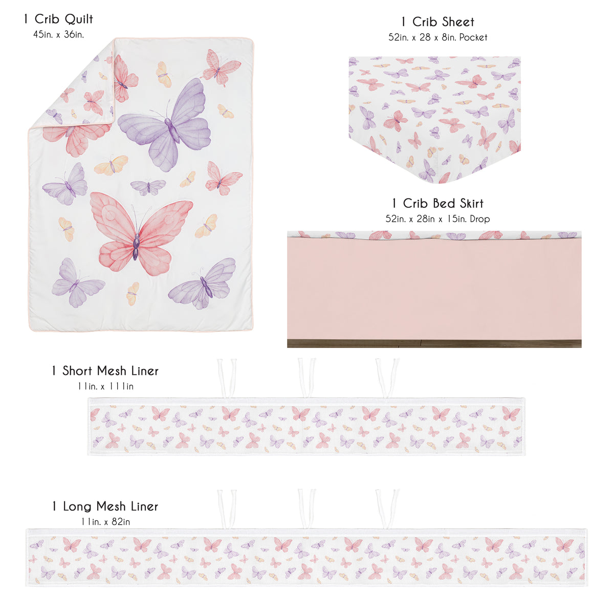 Butterfly Blush Pink and Purple Collection Sweet Jojo Designs 5 Piece Crib Bedding + BreathableBaby Breathable Mesh Liner