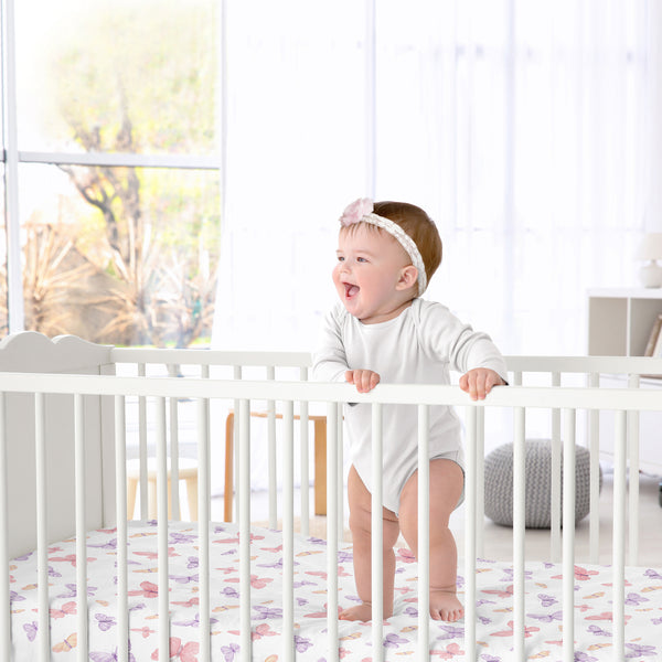 Butterfly Blush Pink and Purple Collection Crib Sheet alternate view