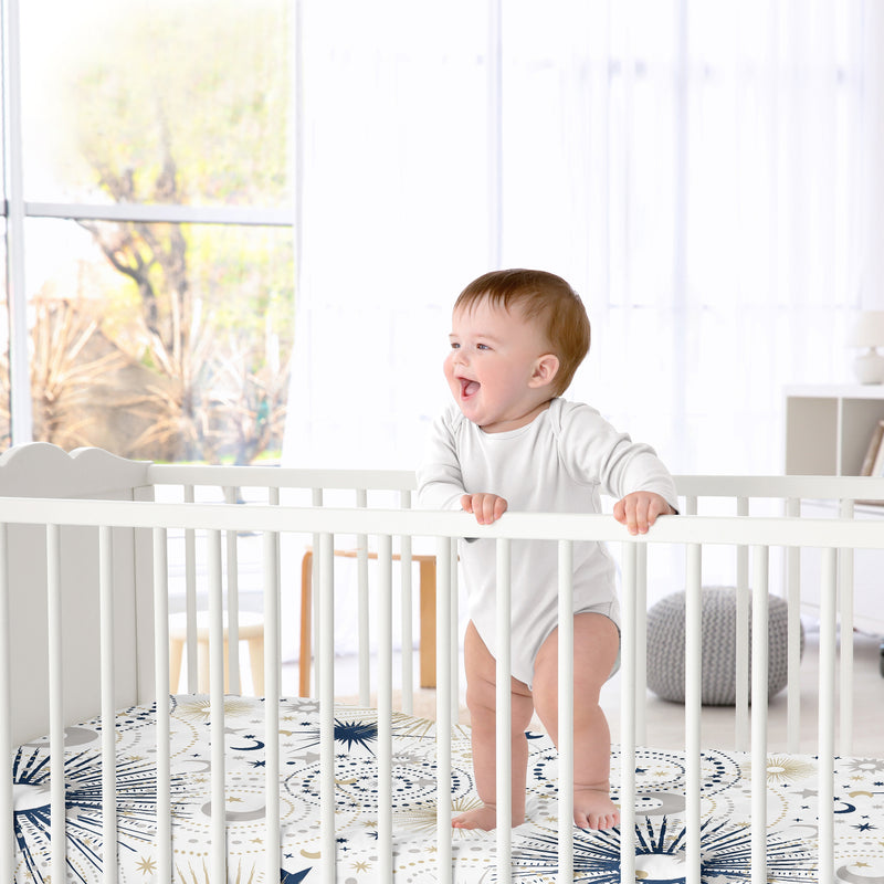 Celestial Navy Blue and Gold Collection Crib Sheet - Stars and Moon Print