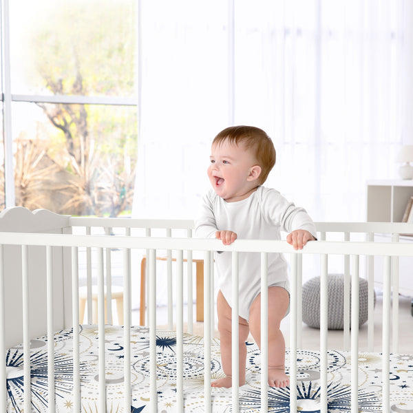 Celestial Navy Blue and Gold Collection Crib Sheet - Stars and Moon Print alternate view