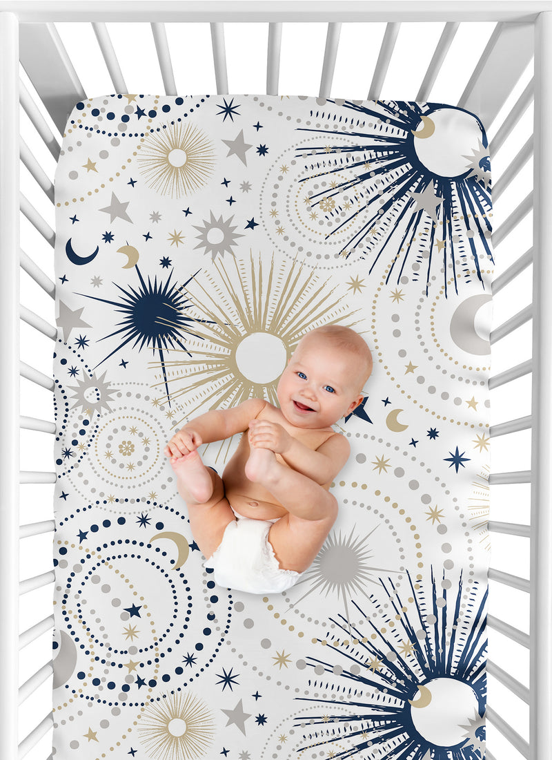 Celestial Navy Blue and Gold Collection Crib Sheet - Stars and Moon Print