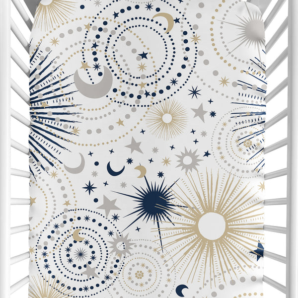 Celestial Navy Blue and Gold Collection Crib Sheet - Stars and Moon Print