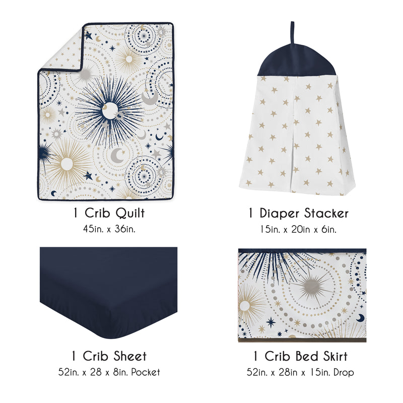 Celestial Navy Blue and Gold Collection 4 Piece Crib Bedding