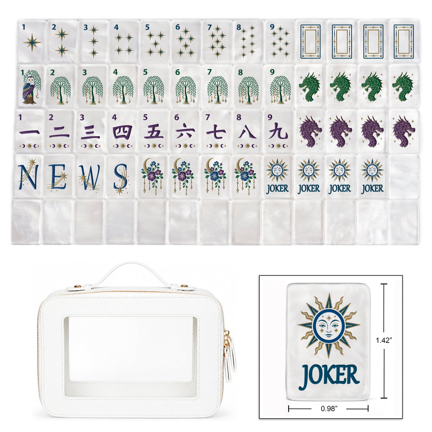 Celestial Pearl American Mahjong Tile Set (160pc) 1.42 Pearlescent Acrylic with Faux Leather Travel Bag