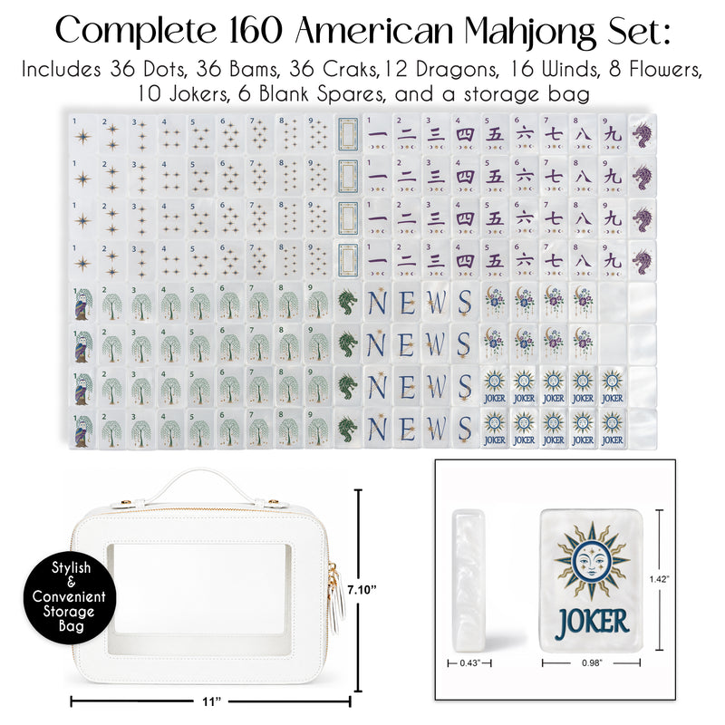 Celestial Pearl American Mahjong Tile Set (160pc) 1.42 Pearlescent Acrylic with Faux Leather Travel Bag