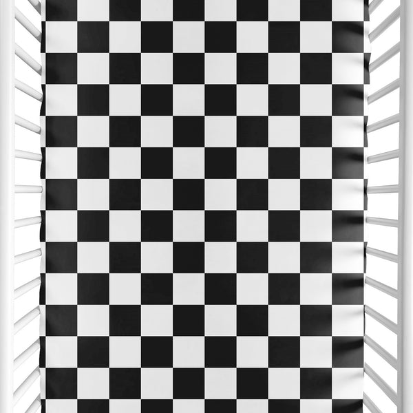 Gingham Checkered Plaid Collection Mini Crib Sheet - Black and White